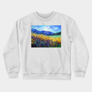 Blooming field near the mountains Crewneck Sweatshirt